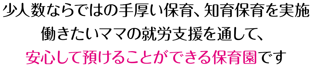 少人数ならではの手厚い保育、知育保育を実施働きたいママの就労支援を通して、安心して預けることができる保育園です
